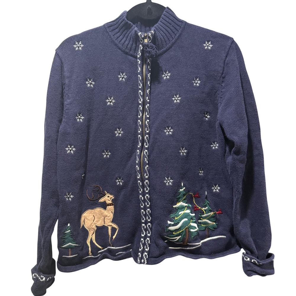Vintage Y2K Crystal Kobe Full Zip Winter Ugly Knit Sweater Large Embroidered